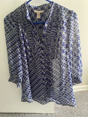 Banana Republic Blue and Gray Sheer Geometric Ruffle-Front Button-Down Top